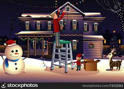 A vector illustration of father son putting up lights around the house together for Christmas