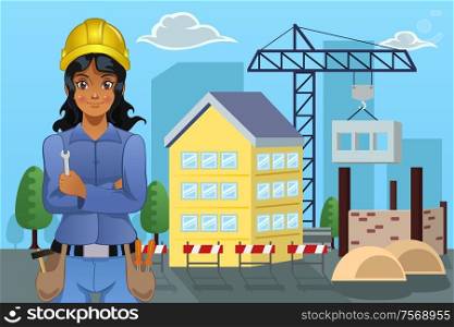 A vector illustration of female contractor standing in front of a house
