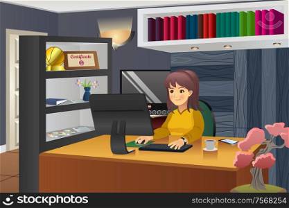 A vector illustration of female programmer working in her home