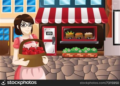A vector illustration of female store owner standing in front of her store carrying a basket of apples