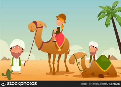 A vector illustration of Female Tourist Riding a Camel in the Desert