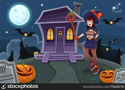 A vector illustration of female witch standing in front of house for Halloween day