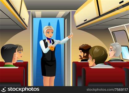 A vector illustration of flight attendant doing safety demonstration before taking off
