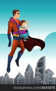 A vector illustration of flying superhero holding a little girl