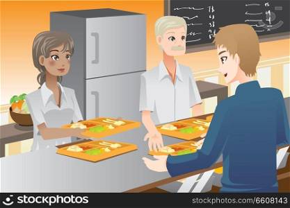 A vector illustration of food servers serving food to customers 