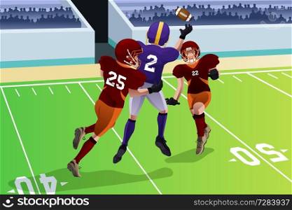 A vector illustration of football players in a match in a stadium