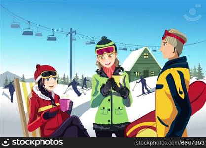 A vector illustration of friends skiing in a ski resort