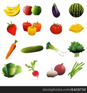 A vector illustration of fruit and vegetable icons