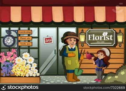 A vector illustration of gardener in a flower shop with kid