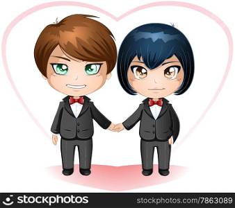 A vector illustration of gay men dressed in suits for their wedding day.