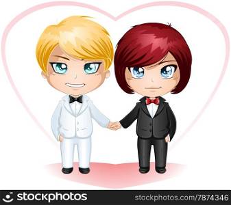 A vector illustration of gay men dressed in suits for their wedding day.