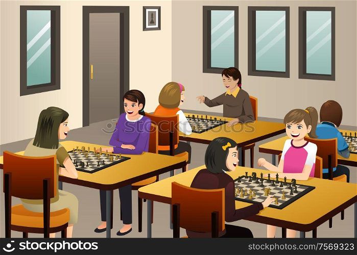 A vector illustration of Girls Playing Chess in a Chess Club