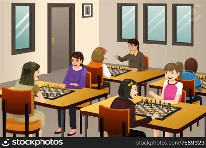 A vector illustration of Girls Playing Chess in a Chess Club