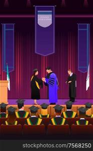 A vector illustration of graduation girl shaking hand with dean at podium
