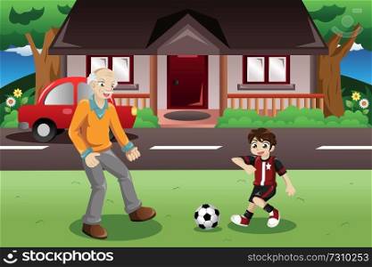 A vector illustration of grandpa and grandson playing soccer in the front yard