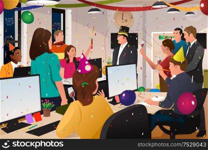 A vector illustration of group of business people celebrating New Year in the office