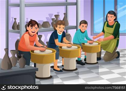 A vector illustration of group of children shaping clay in pottery class