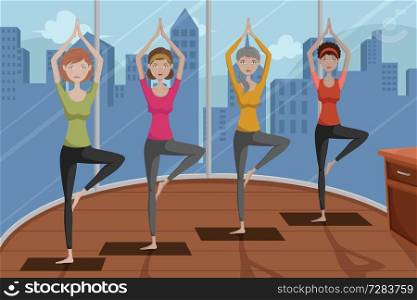 A vector illustration of group of happy women doing yoga in a studio