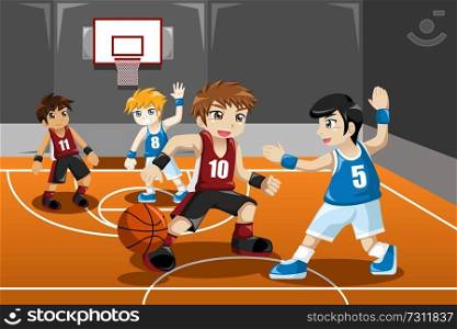 A vector illustration of group of kids playing basketball indoor