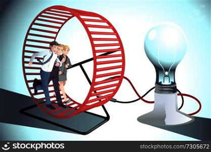 A vector illustration of group of young businessman running in a gear of a machine showing a teamwork concept