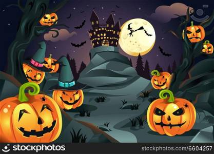 A vector illustration of Halloween background with pumpkins and spooky castle and flying bats