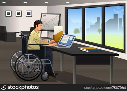 A vector illustration of handicapped businessman working in a modern office