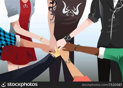 A vector illustration of hands touching together for unity and teamwork concept