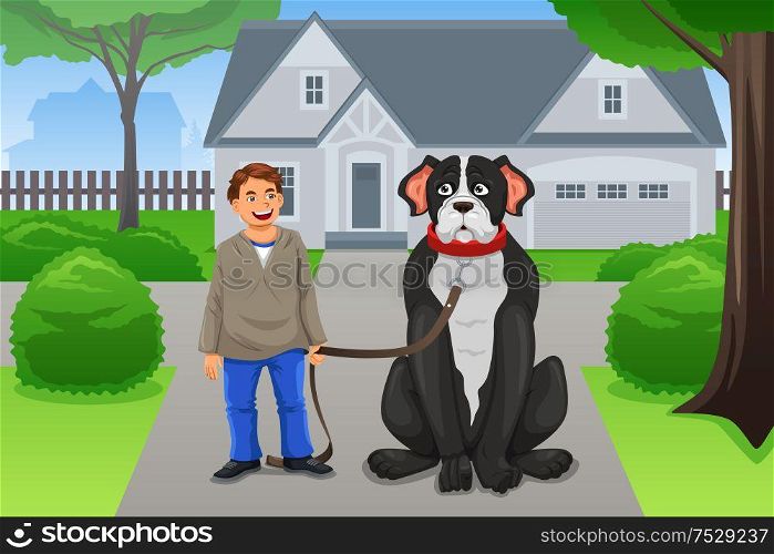 A vector illustration of happy boy and his big dog in the neighborhood