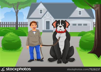 A vector illustration of happy boy and his big dog in the neighborhood