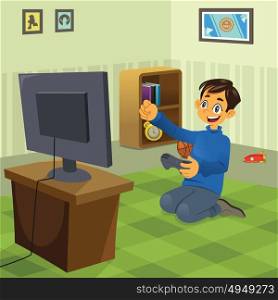 A vector illustration of happy boy playing video game