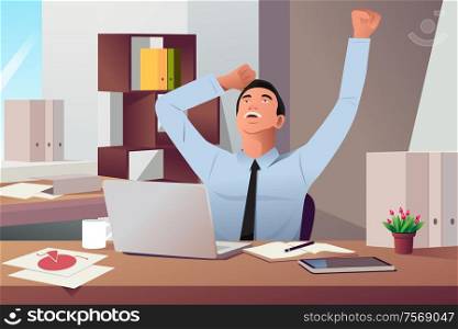 A vector illustration of happy businessman sitting his desk for work done concept