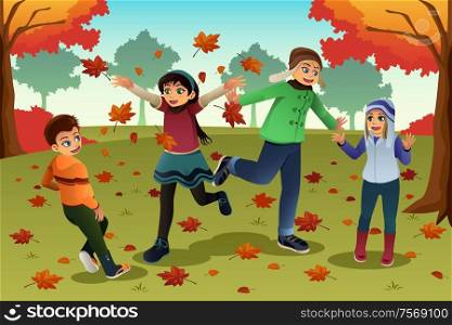 A vector illustration of happy children playing outdoor during autumn