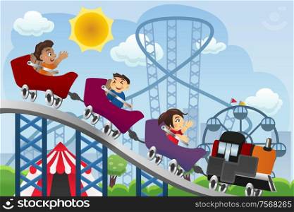 A vector illustration of happy children playing roller coaster in a amusement park