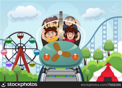 A vector illustration of happy children playing roller coaster in a amusement park