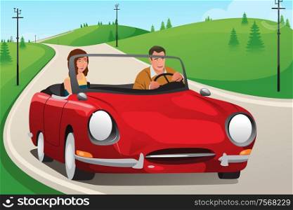 A vector illustration of happy couple riding a convertible car