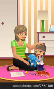 A vector illustration of happy daughter playing together with her mother in bedroom