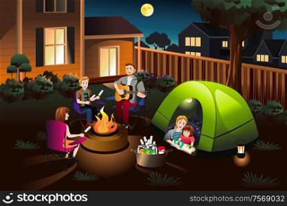 A vector illustration of happy family camping together in the backyard