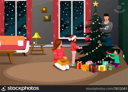 A vector illustration of Happy Family Decorating Christmas Tree