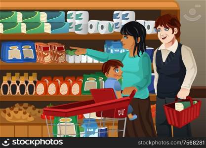 A vector illustration of happy family doing grocery shopping together