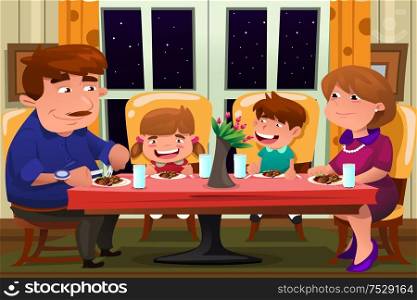 A vector illustration of happy family eating dinner together