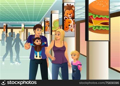 A vector illustration of happy family going shopping in a mall