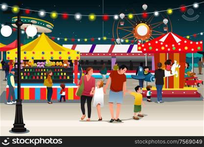 A vector illustration of happy family going to night market together