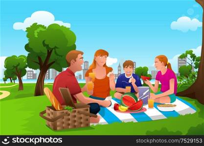 A vector illustration of happy family having a picnic in the park