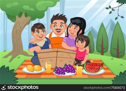 A vector illustration of happy family having a picnic together in the park