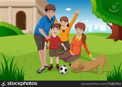 A vector illustration of happy family having fun with their pet outside their house