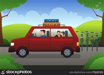 A vector illustration of happy family on a road trip