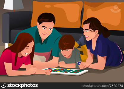 A vector illustration of happy family playing a board game together