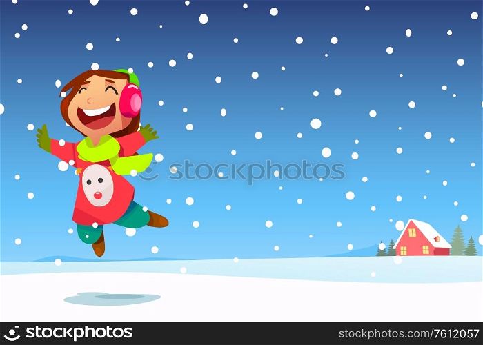 A vector illustration of Happy Girl Jumping in the Snow with Copyspace