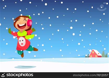 A vector illustration of Happy Girl Jumping in the Snow with Copyspace