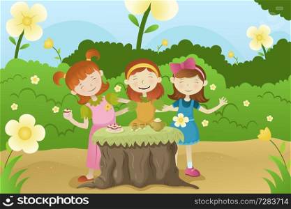 A vector illustration of happy girls having a garden party